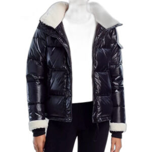 Aqua Gloss Puffer Jacket with Sherpa Trim in black. Size Medium
